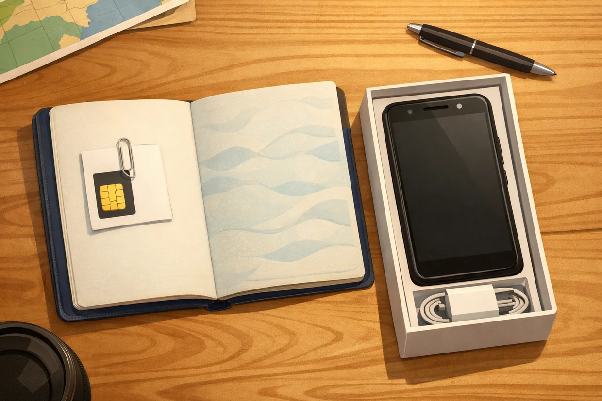 Passport open on a desk with a SIM card paperclipped inside, a brand new cheap Android phone in its box next to it