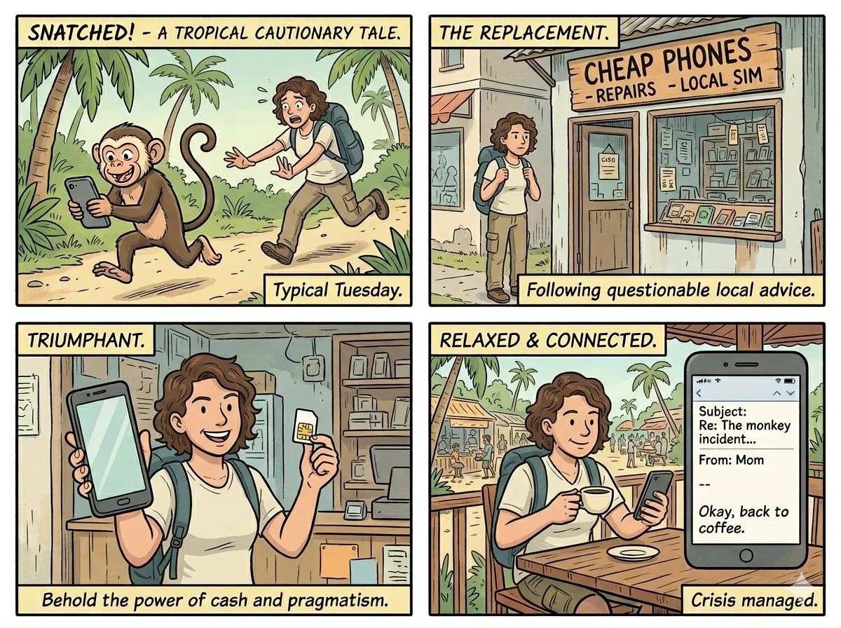 Four-panel comic: monkey snatches phone in the tropics, traveler finds a cheap phone shop, triumphant new phone in hand, back at a cafe with email open