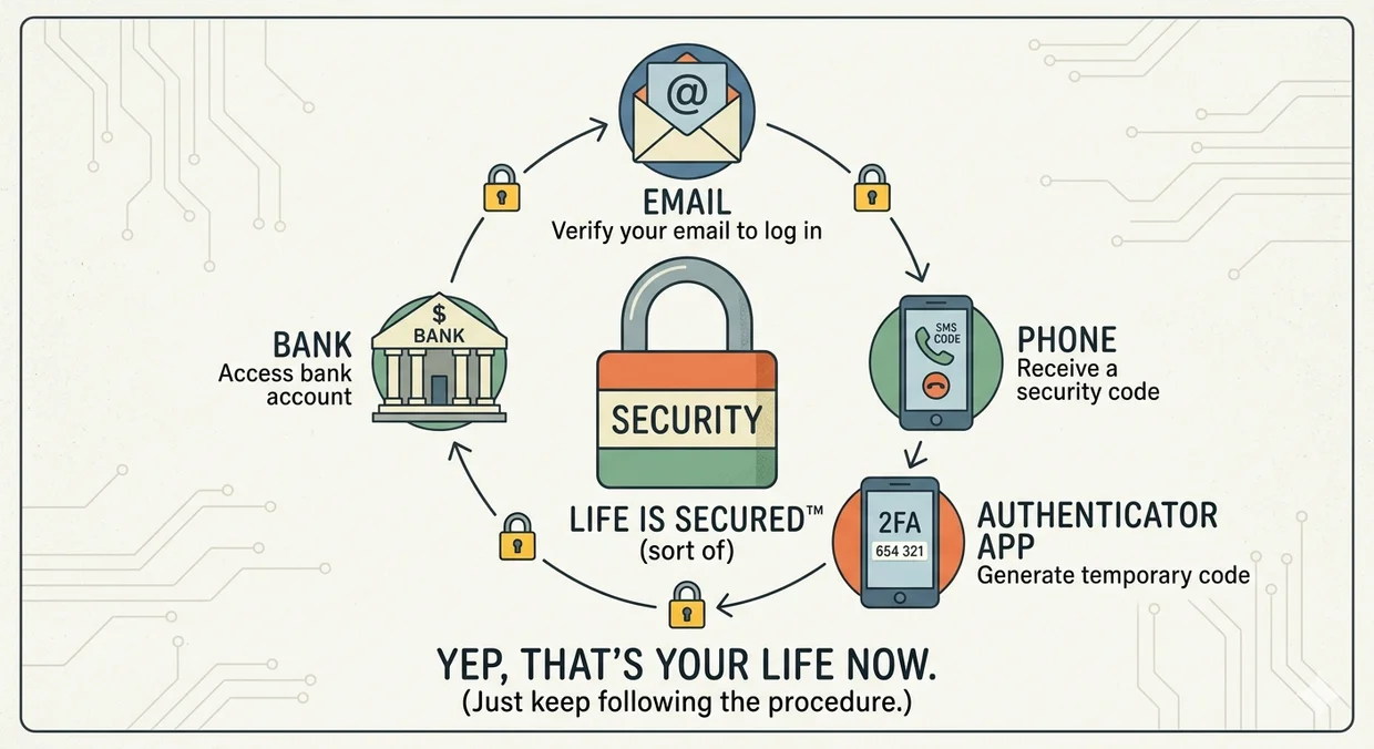 The 2FA lockout loop: email, phone, authenticator app, and bank all connected in a circle with padlocks between each one