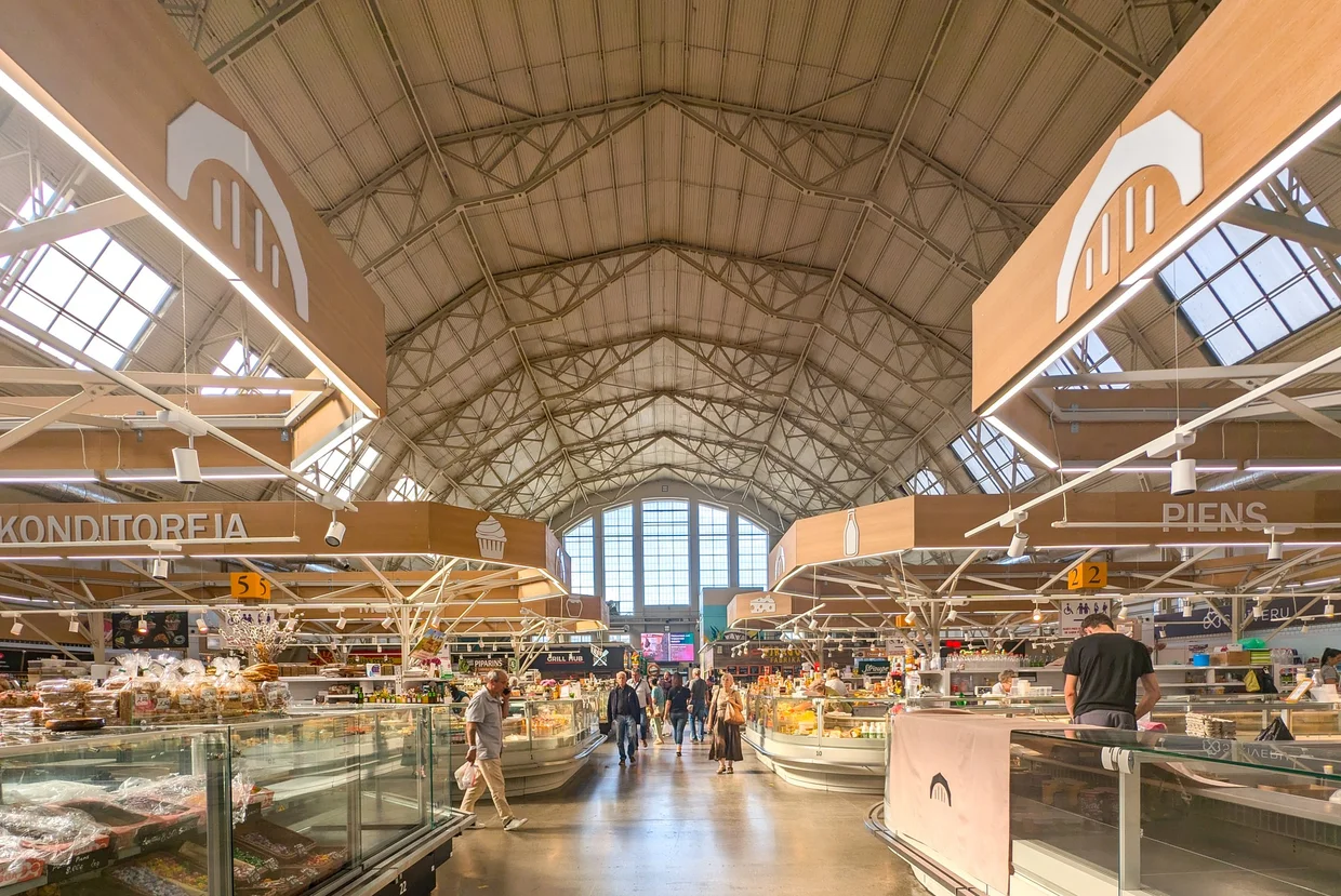 Inside the huge vaulted hall of Riga Central Market