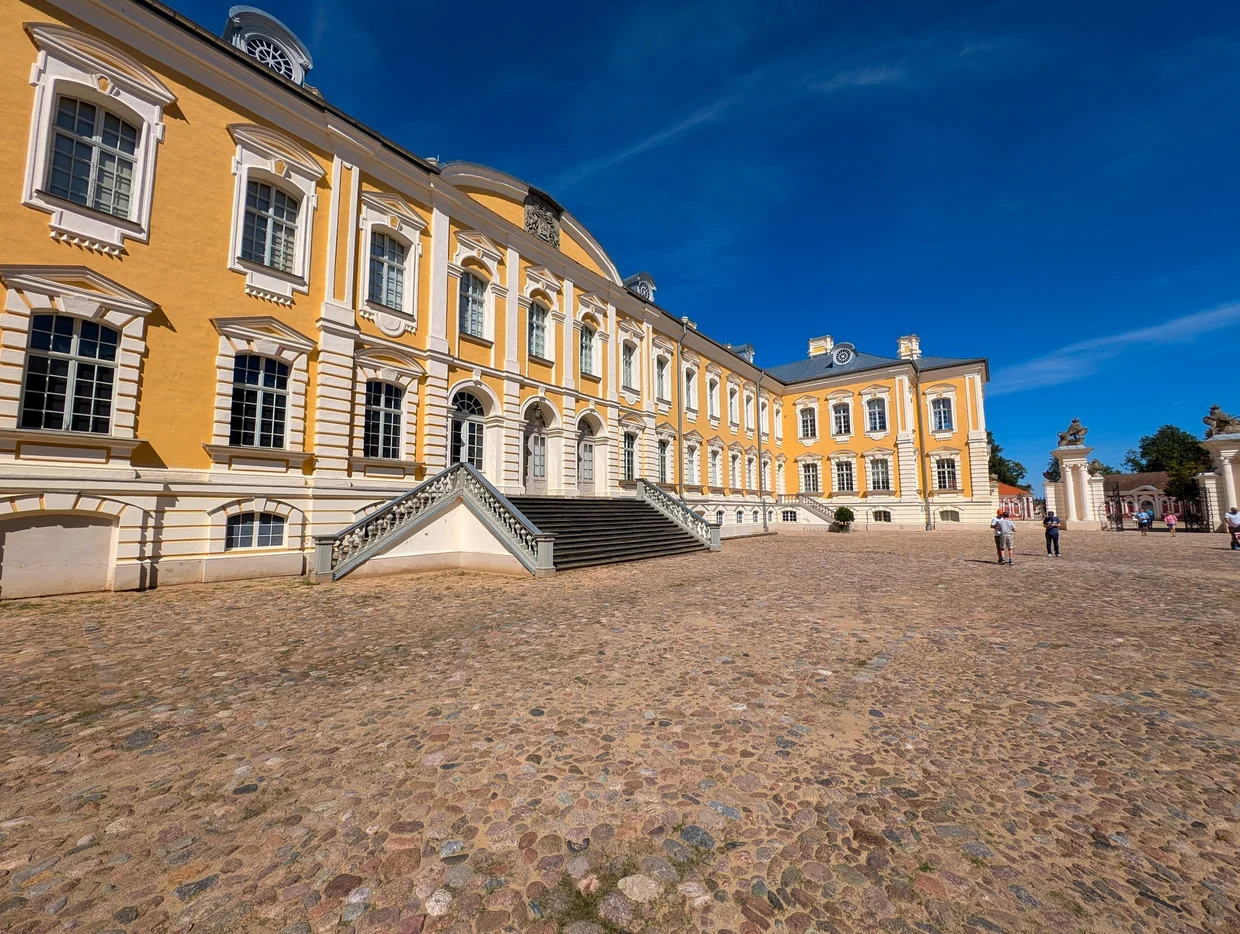 Grand staircase of Rundāle Palace with ornate facade