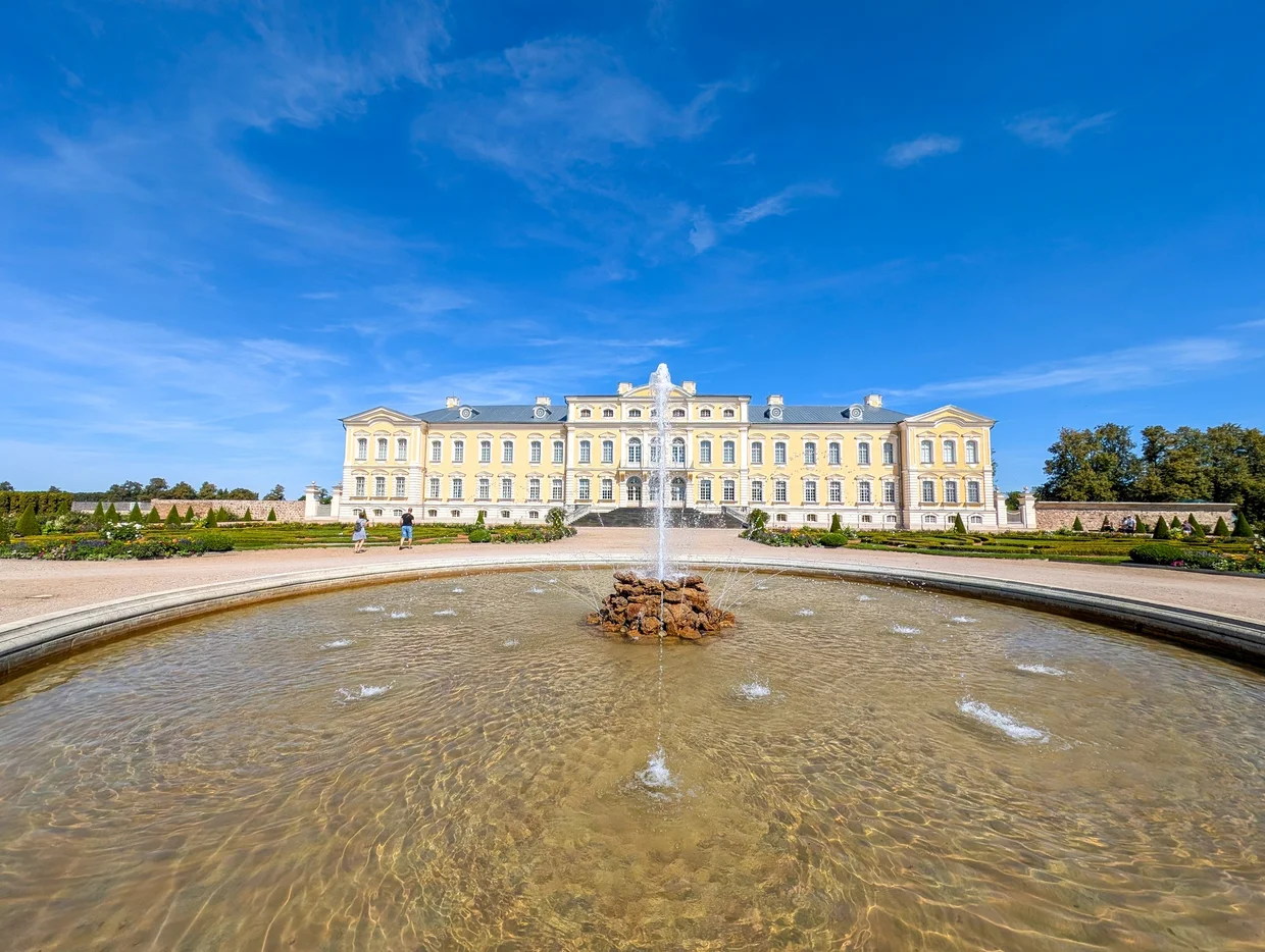 Rundāle Palace seen from the rose garden with fountain in the foreground