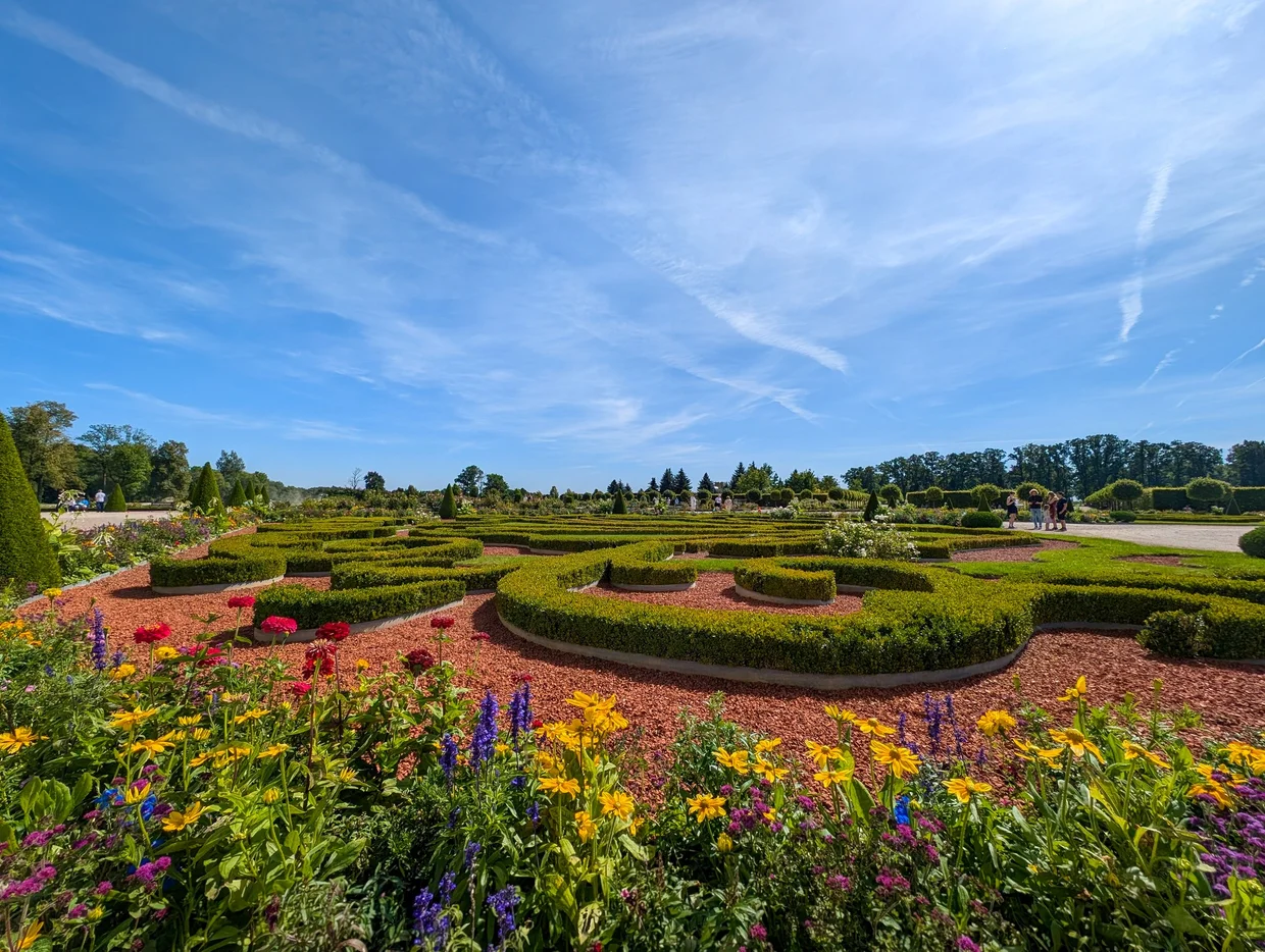 Wide view of the full formal garden with curving hedges and flowers