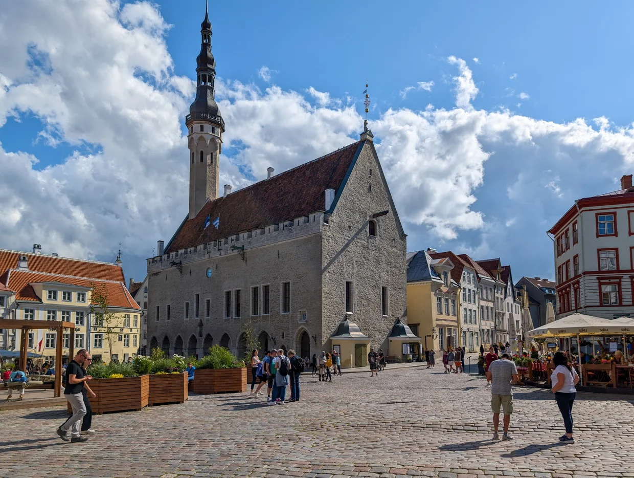 Tallinn Town Hall Square with the tall medieval tower of the Town Hall