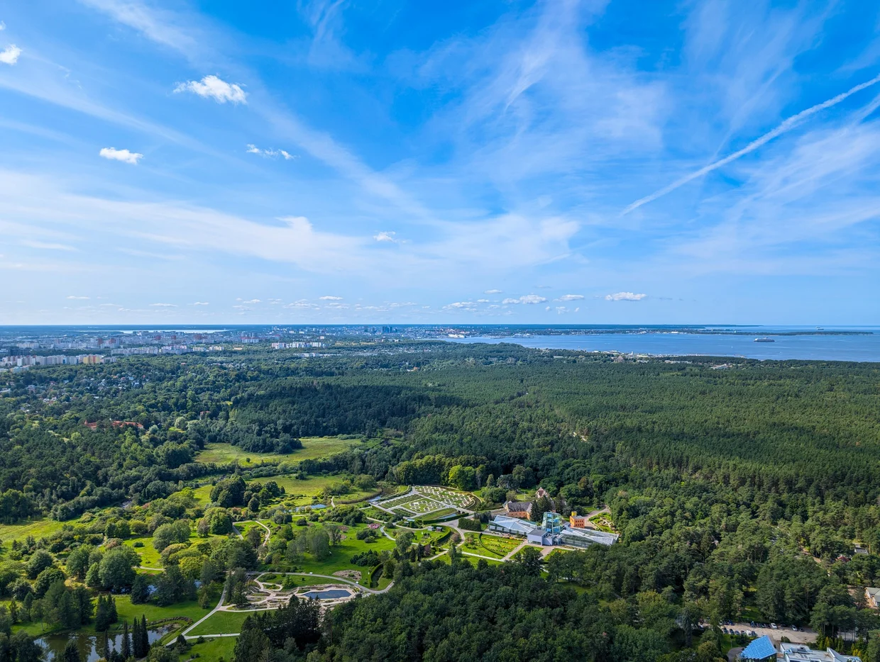 Aerial view over Tallinn's seaside and Kadriorg Park with the bay behind
