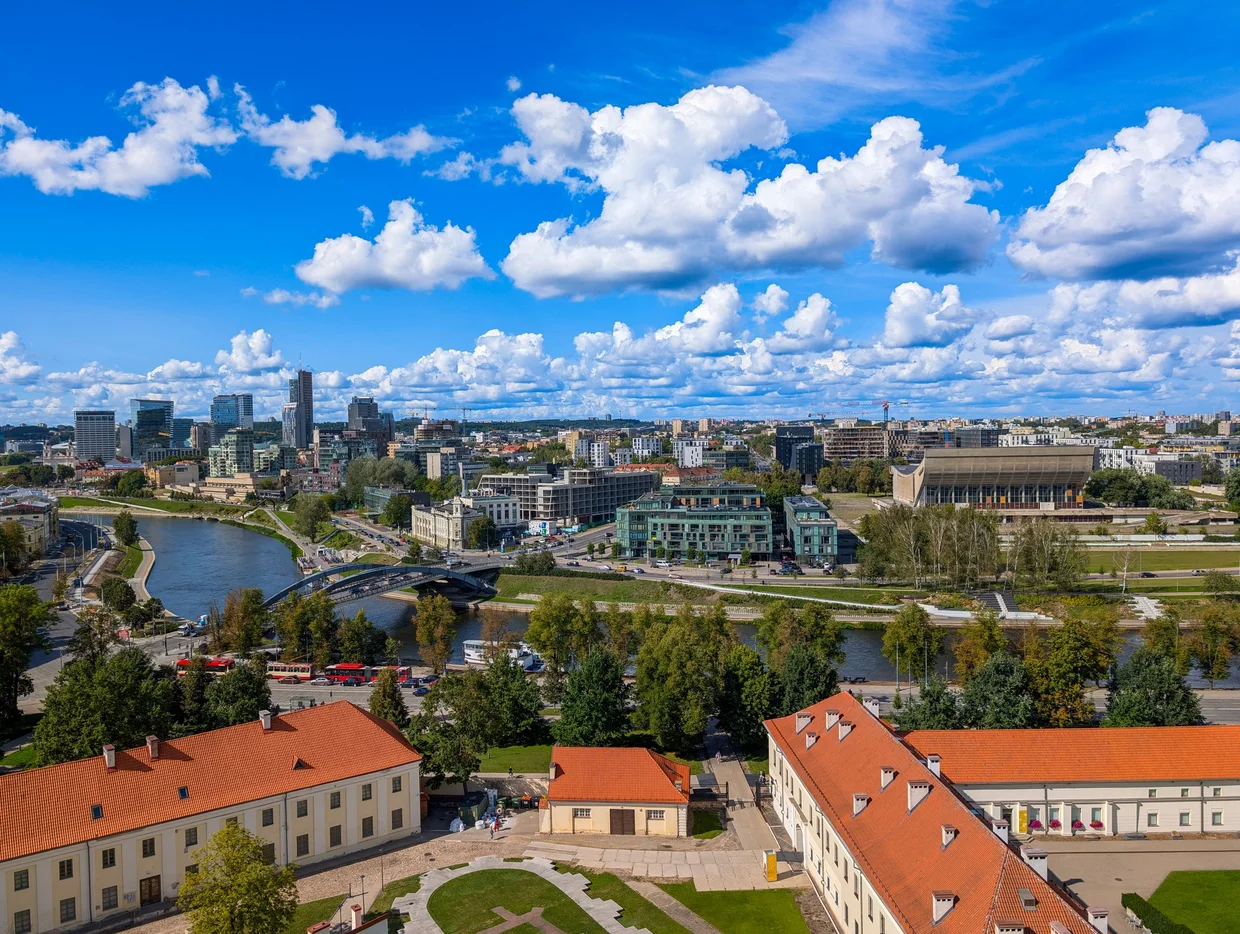 The New Town and Neris river seen from Gediminas Hill, with glass towers of modern Vilnius