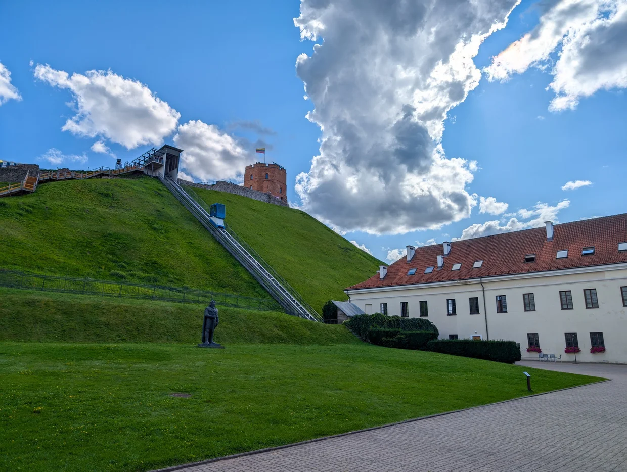 Gediminas Tower on its hill, with the modern funicular running up the side
