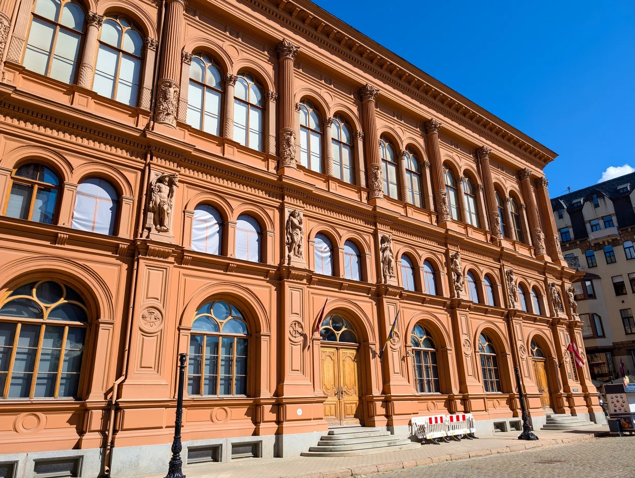 The terracotta-red Venetian-renaissance facade of the Riga Stock Exchange