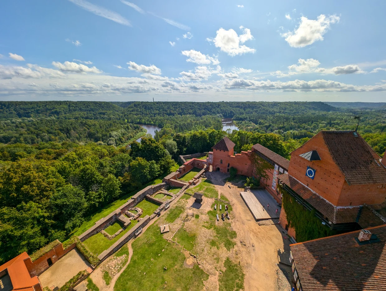 Aerial view from Turaida Castle tower over the green Gauja valley and river