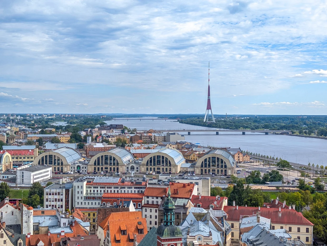 View from St. Peter's tower across the Daugava to the Central Market and TV tower