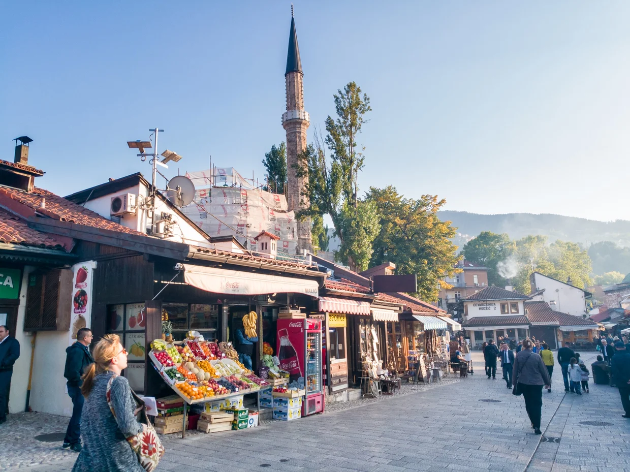 Baščaršija, Sarajevo's old bazaar quarter with shops and a mosque minaret rising above