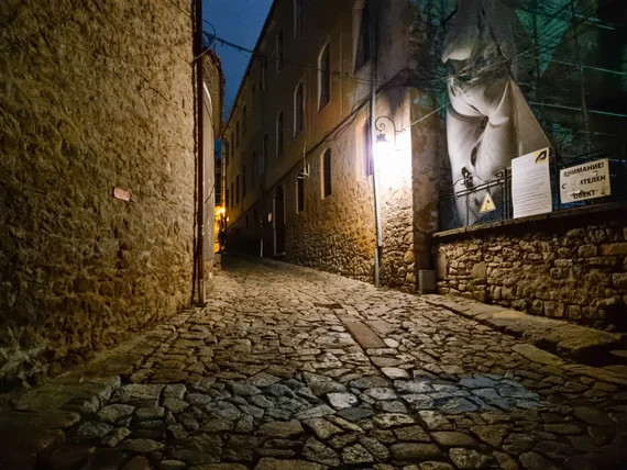 Plovdiv Old Town at night, cobblestones and street art