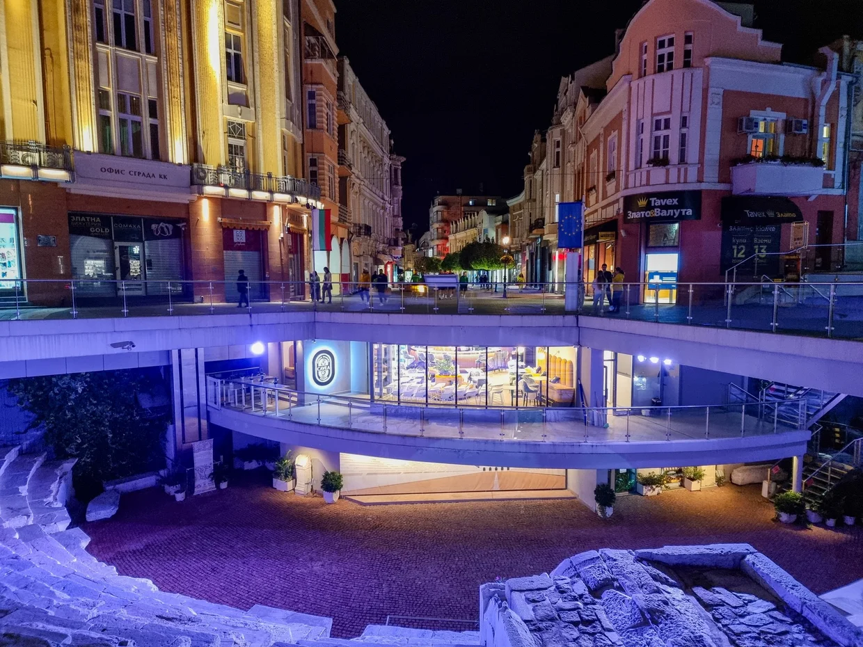 The Roman Stadium, visible under Plovdiv's main pedestrian street at night