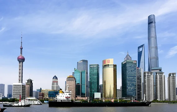 Shanghai Pudong skyline viewed from the Bund waterfront promenade