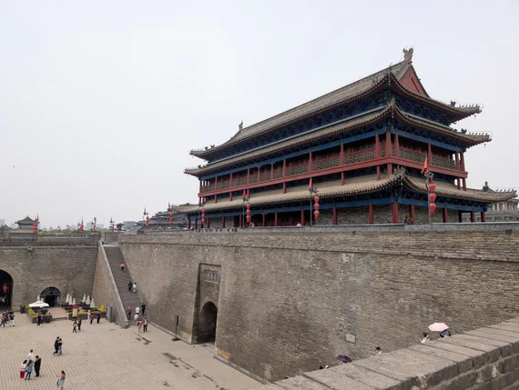 Xi'an ancient city wall gate tower with massive stone fortifications