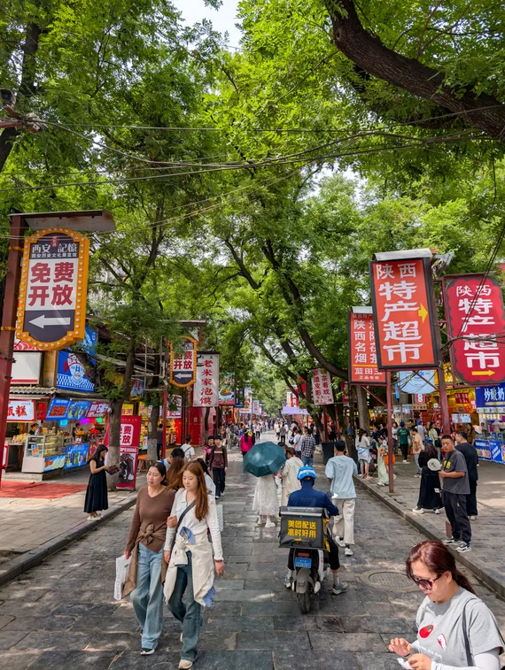 Busy pedestrian street in Xi'an with Chinese shop signs and green trees