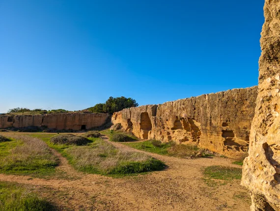 Rock-cut walls and carved tomb chambers with grassy paths