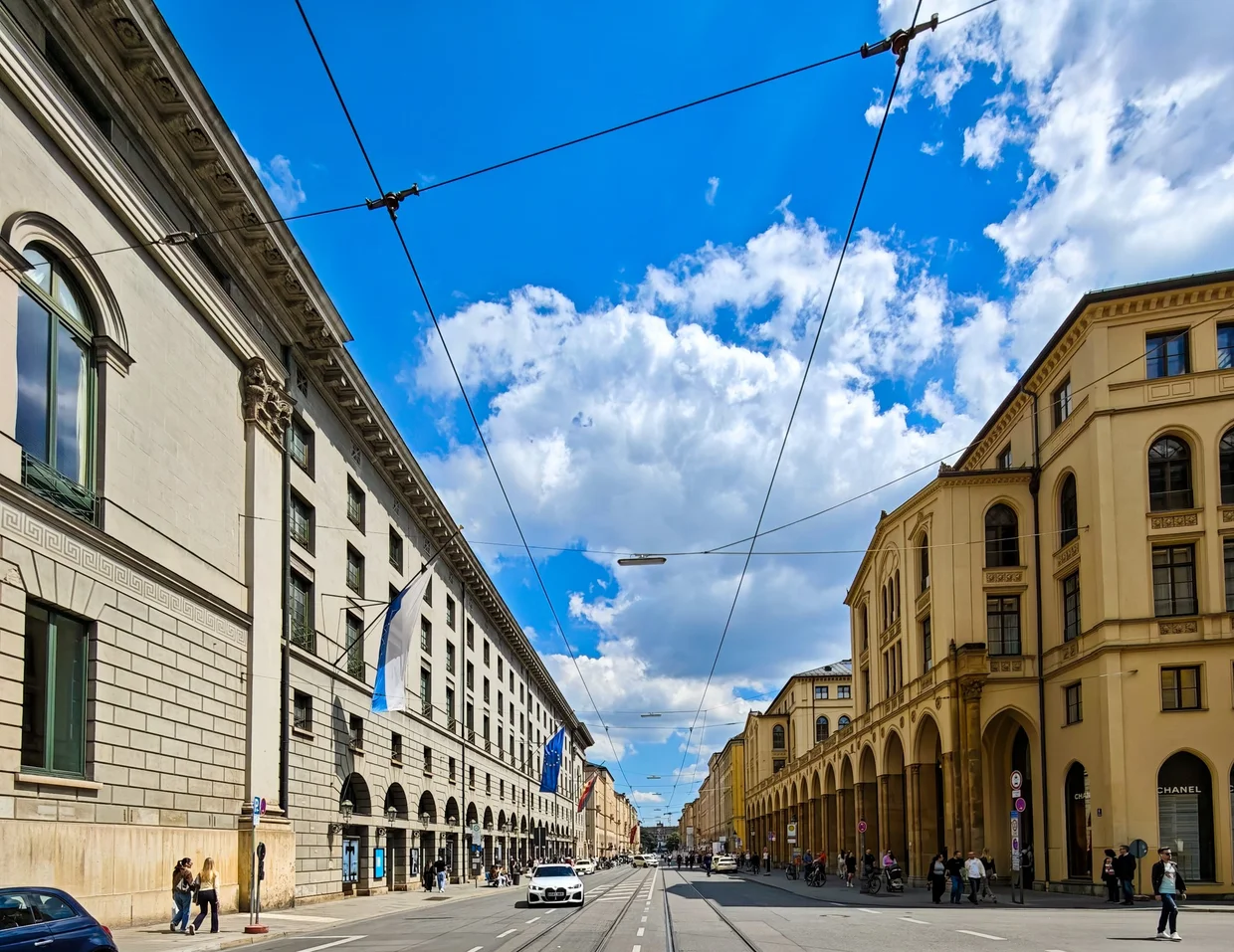 Maximilianstraße looking east towards the Maximilianeum, wide boulevard with arcaded buildings