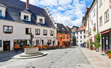Panorama over Fuessen's old town with the Hohes Schloss and St. Mang Abbey