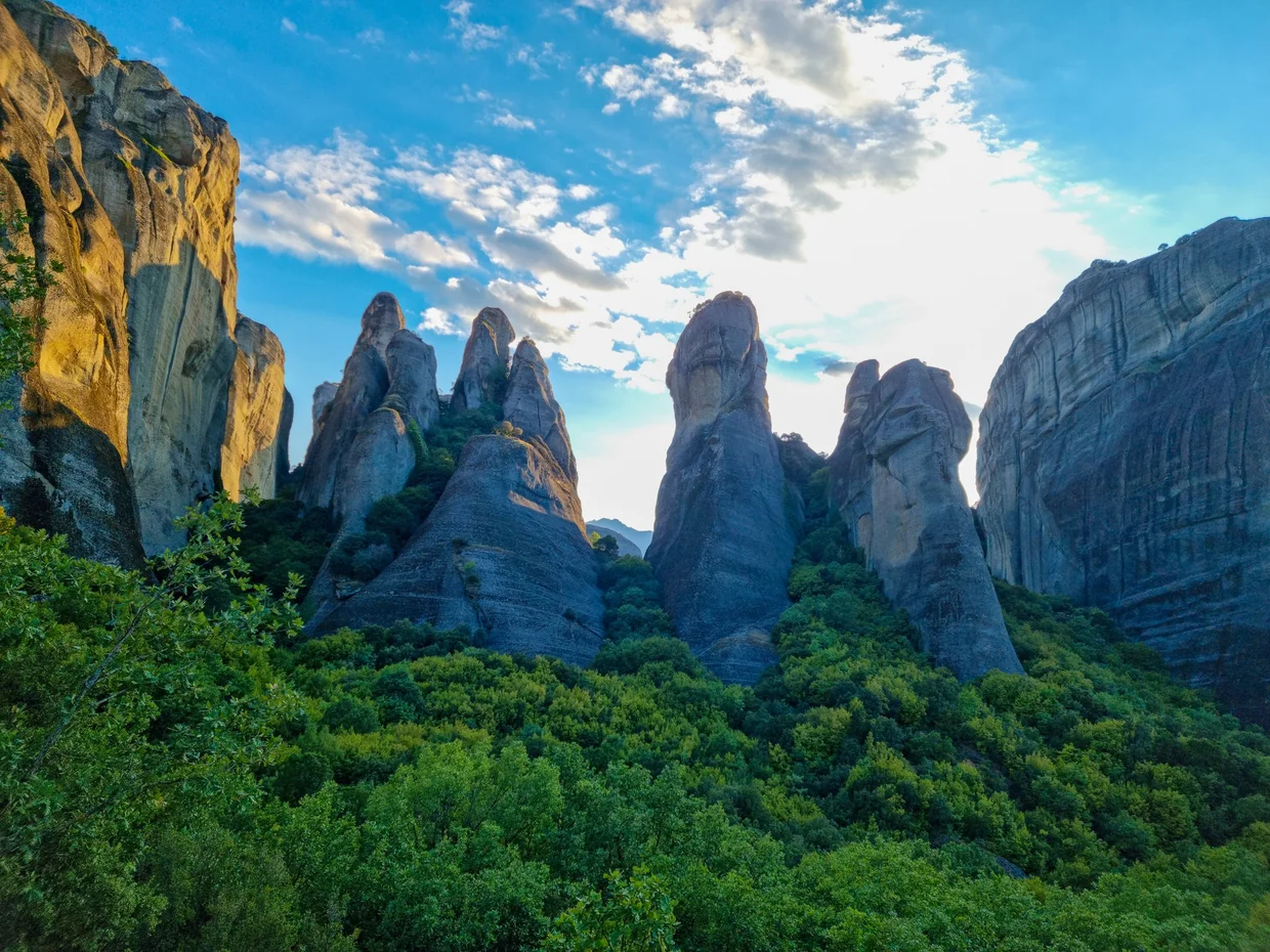 Tall rock formations in evening light