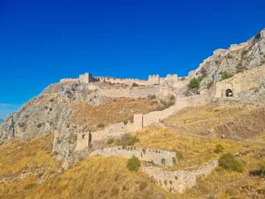 Acrocorinth citadel walls, towers and fortifications on the hilltop