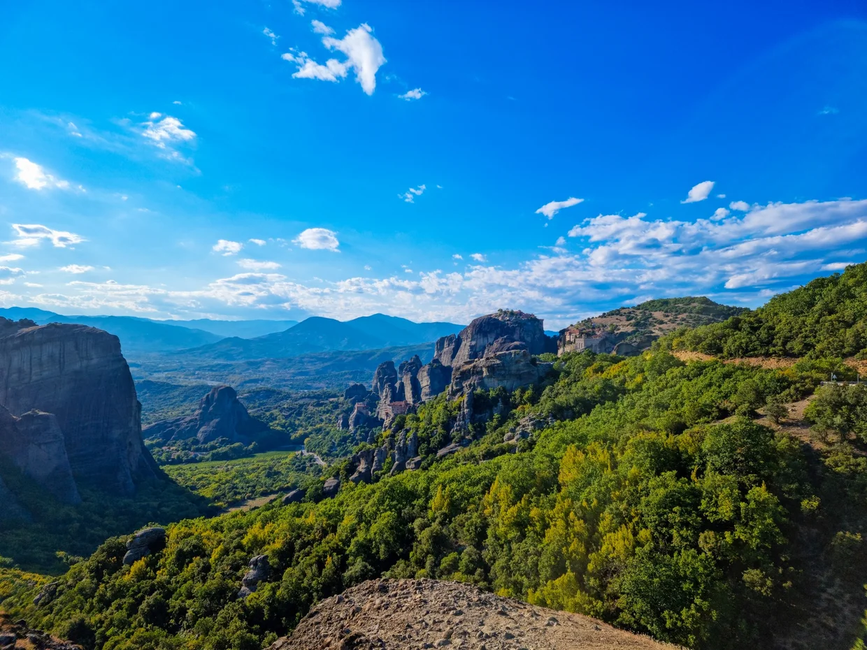 View across the Meteora valley with rock columns stretching into the distance