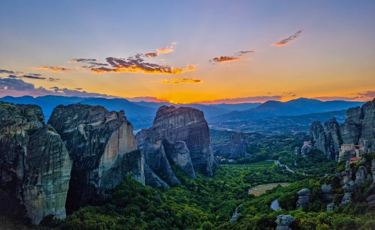 Sunset over the rock pillars of Meteora
