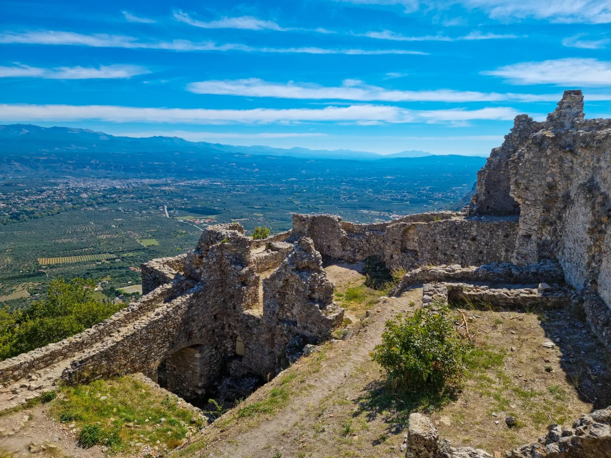 Fortress ruins at the top of Mystras with the Sparta plain below
