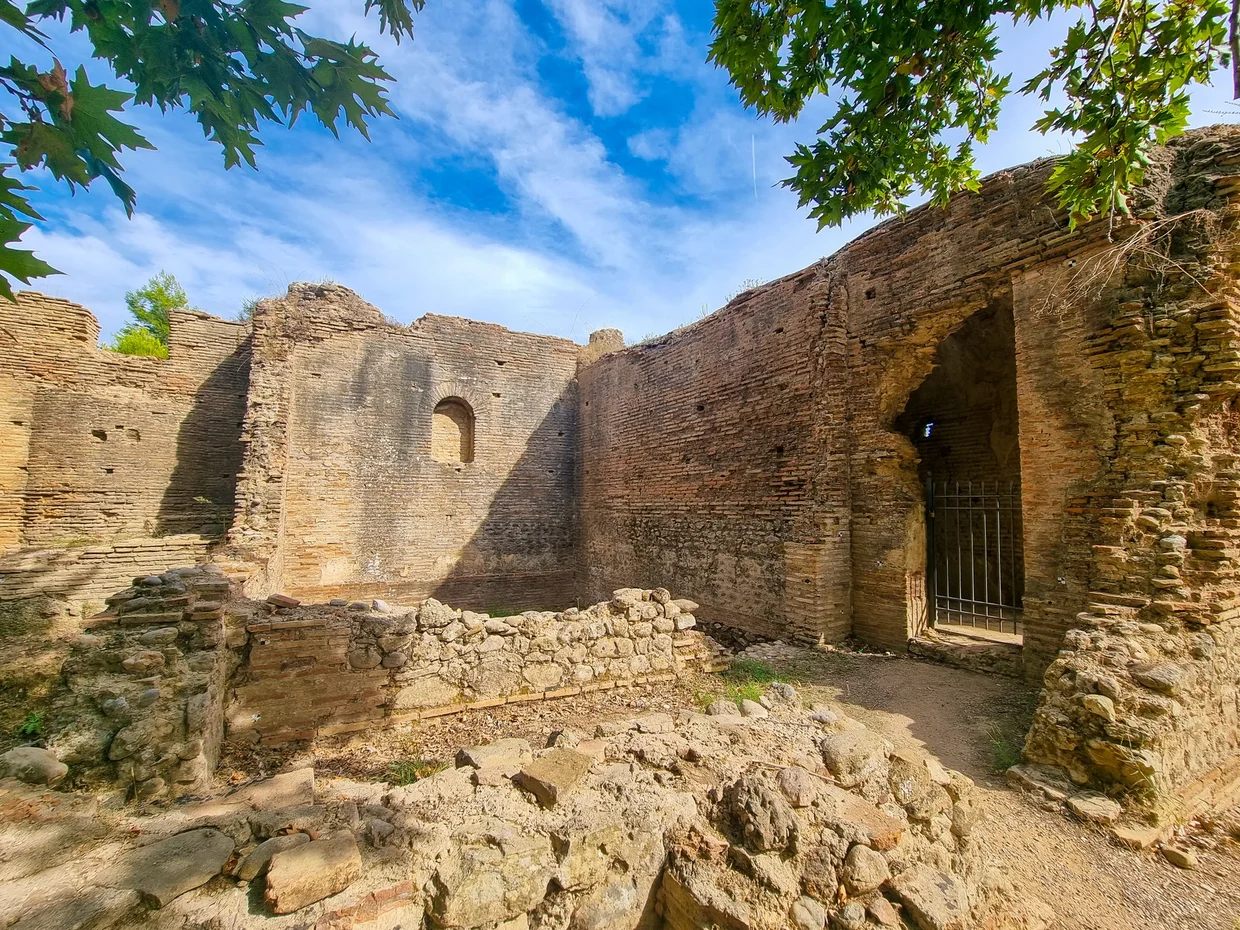 Ruined brick walls and stone structures at Ancient Olympia