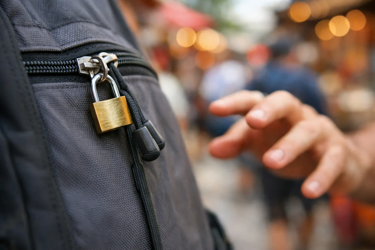 Close-up of a padlock securing a backpack zipper in a crowded market