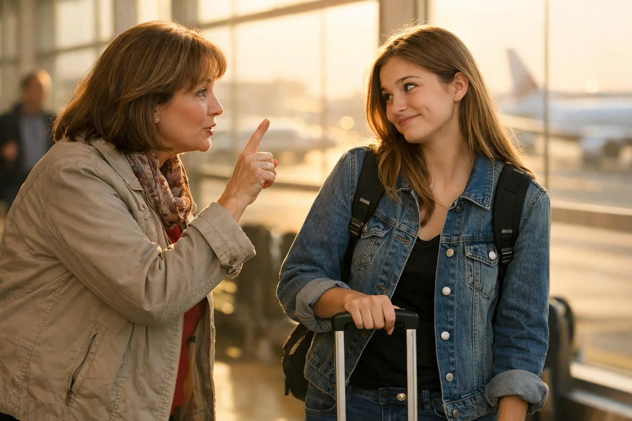 Mother giving safety advice to her daughter at an airport terminal