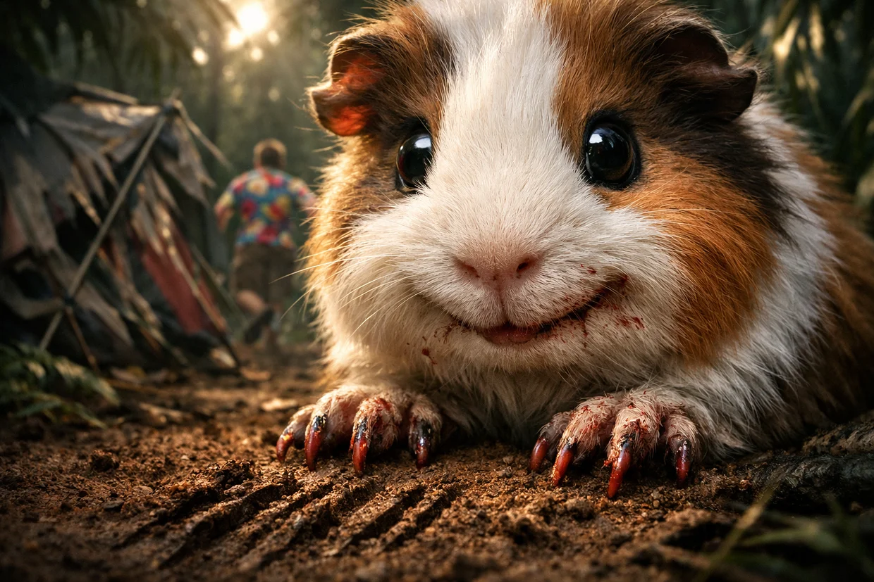Menacing guinea pig with muddy paws staring into the camera