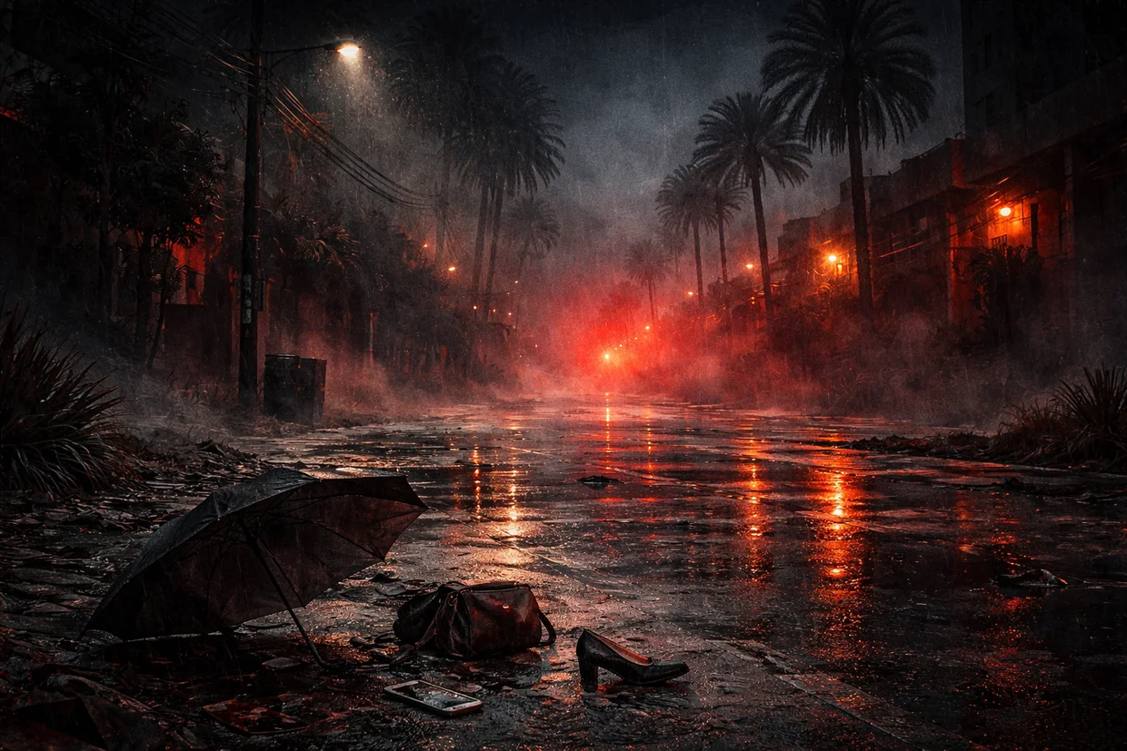 Dark empty street at night with rain and ominous red light