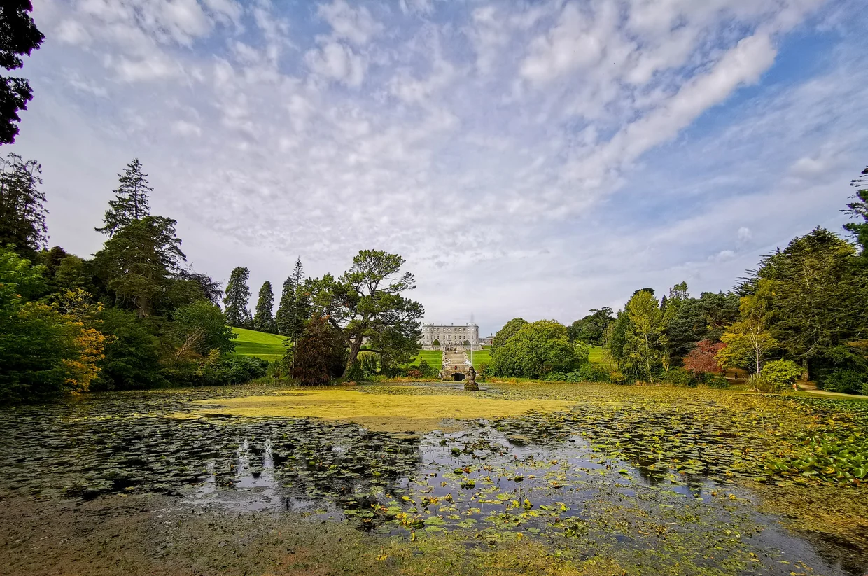 Lake with lily pads and a mansion visible through the trees