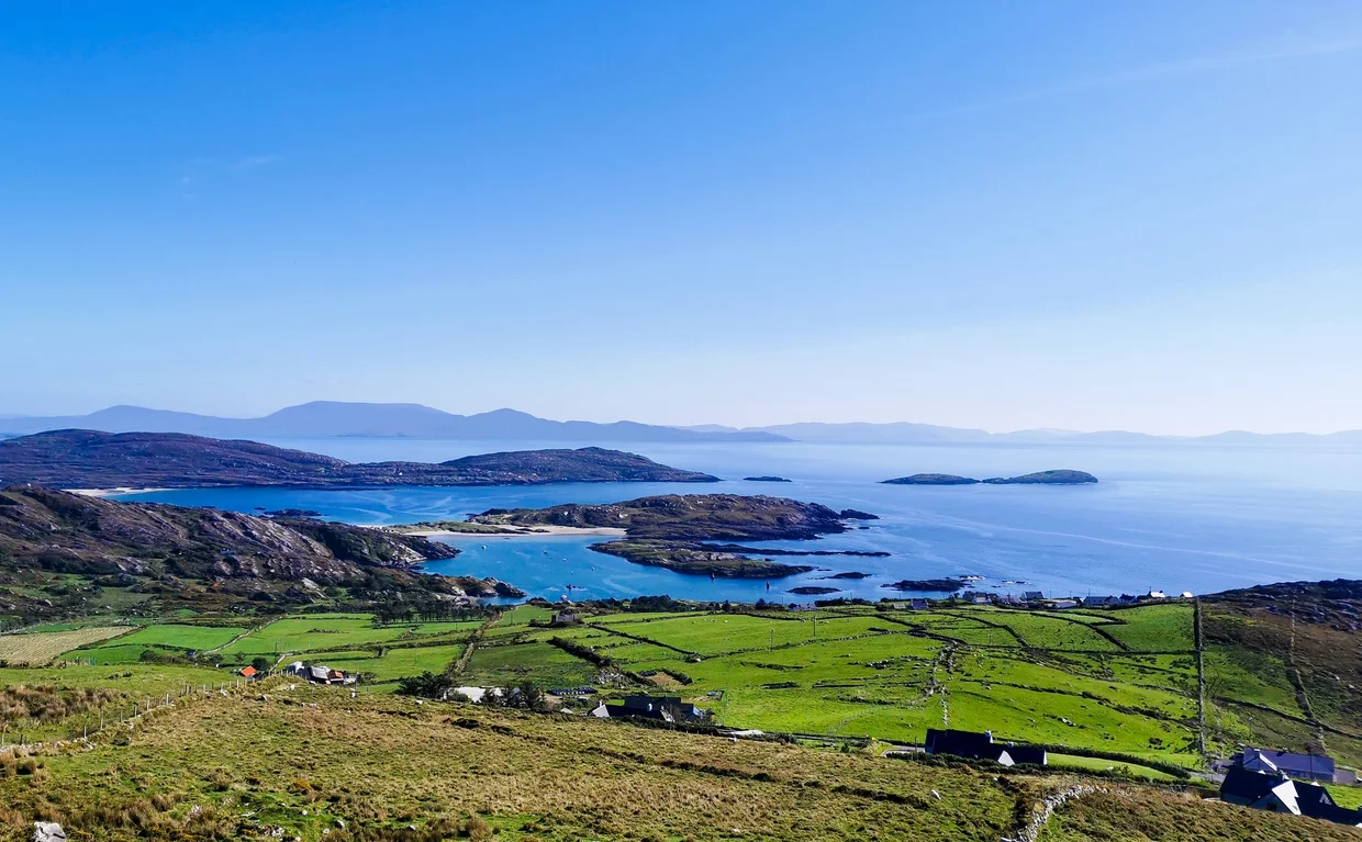 Turquoise bays and scattered islands seen from the Ring of Kerry heights