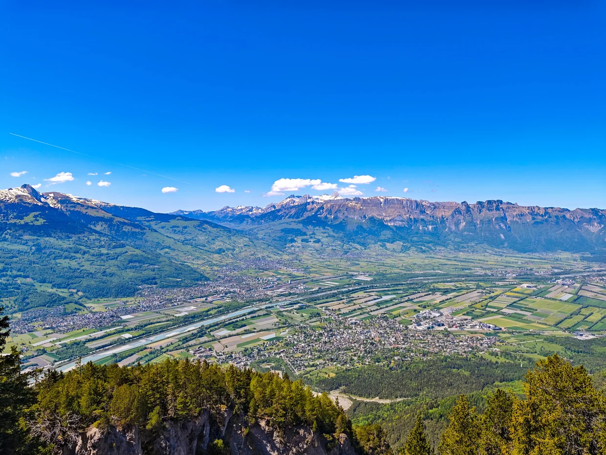View over the Rhine valley from above Vaduz, with the Swiss Alps in the background