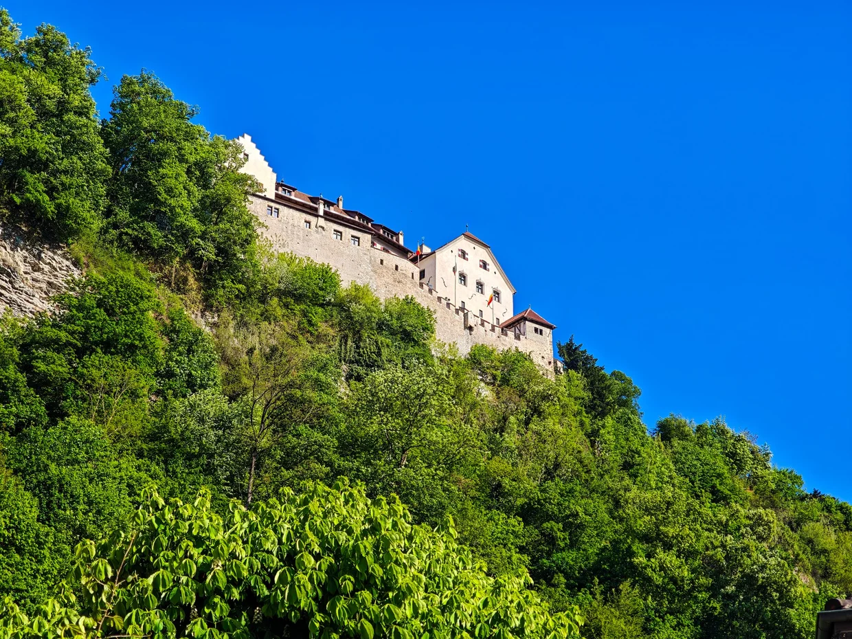 Vaduz Castle from below, framed by trees on the climb up