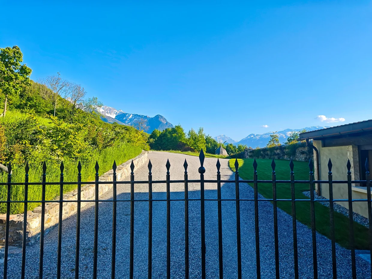 Iron gate looking out toward the Swiss Alps