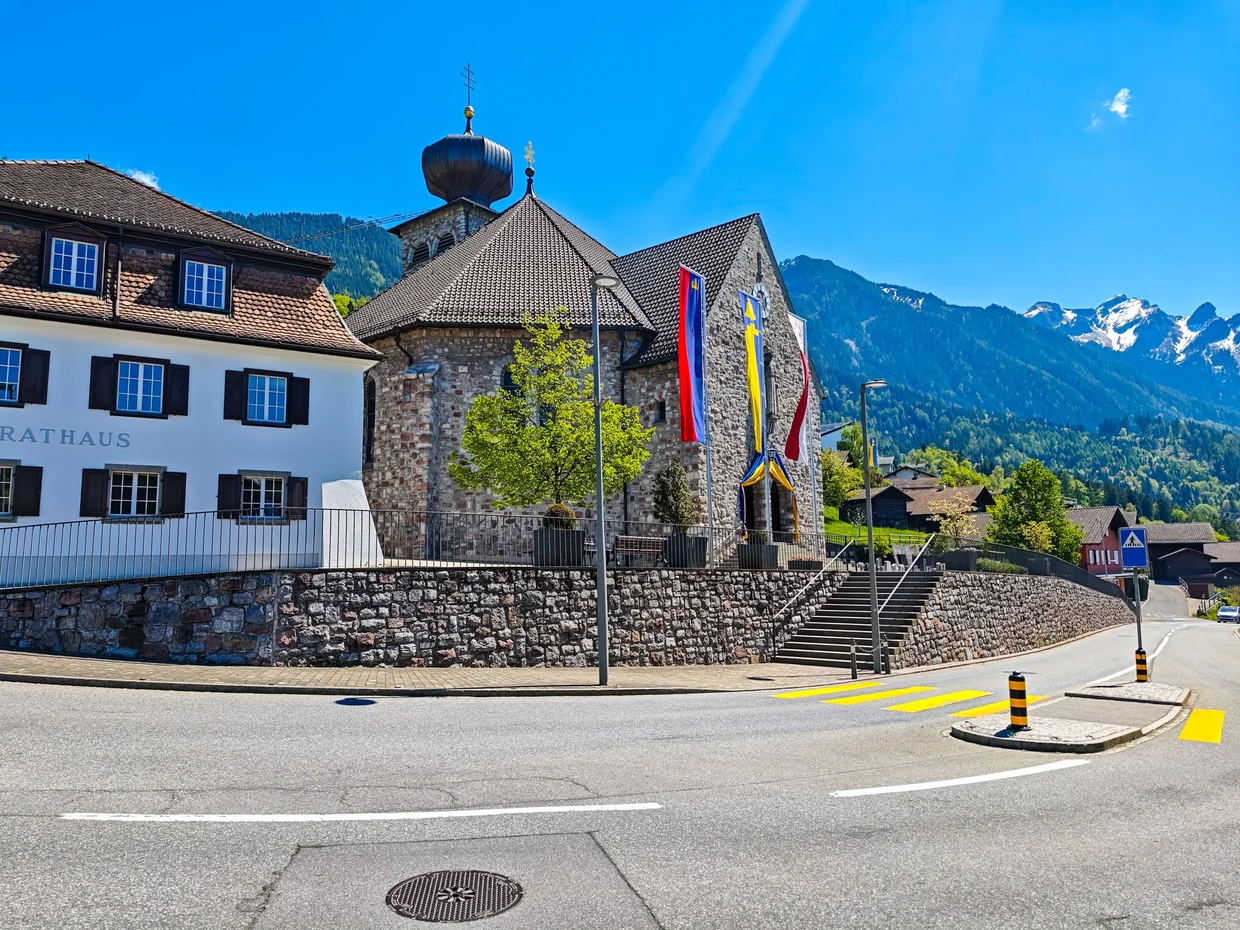 St. Joseph's Church with its onion-dome belltower, next to the Rathaus