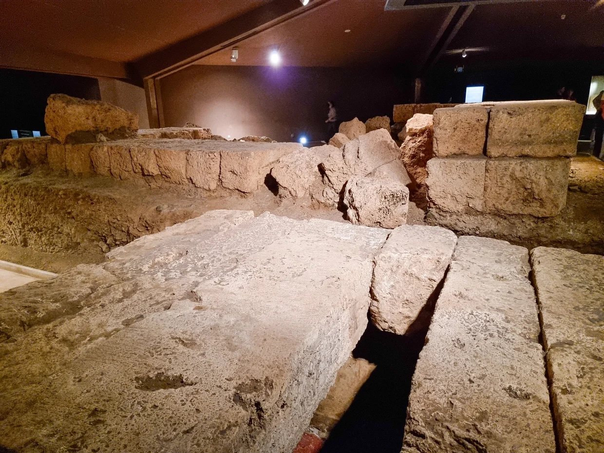 Stone tomb blocks inside the Royal Tombs of Vergina museum