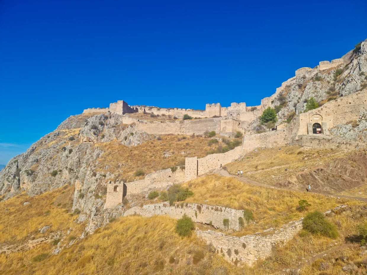 Acrocorinth citadel walls and towers on the hilltop