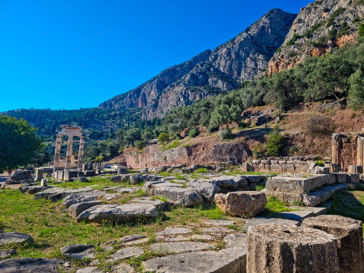 Sanctuary of Athena Pronaia with the Delphi Tholos columns behind ruined foundations