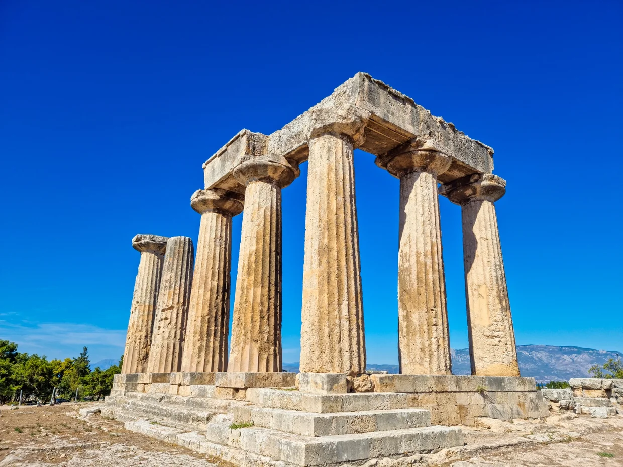 Temple of Apollo at Ancient Corinth with seven Doric columns