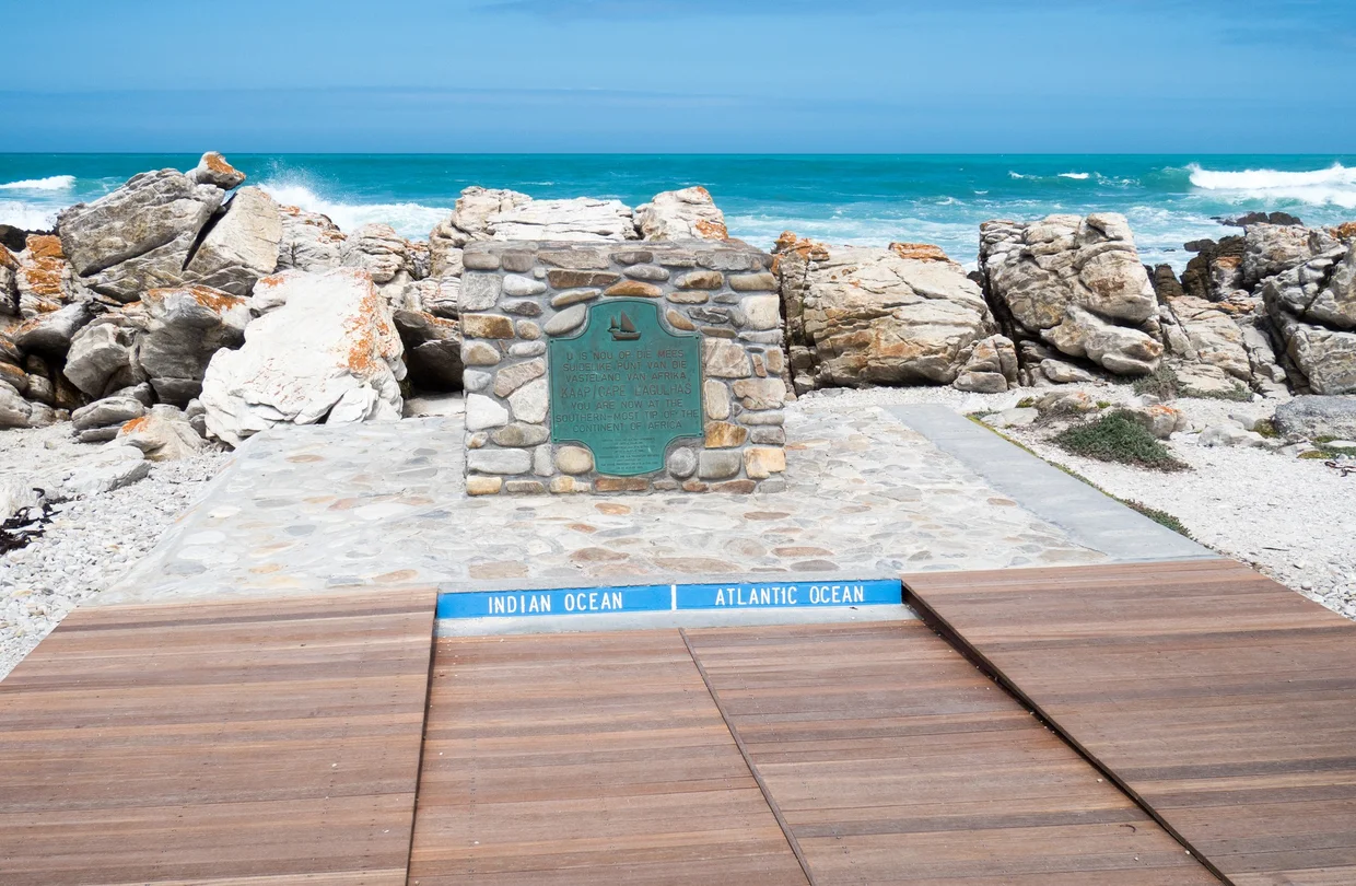 The marker at Cape Agulhas where the Indian Ocean meets the Atlantic