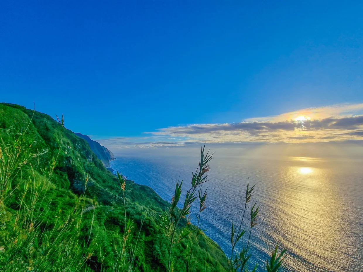 Green hillside at golden hour, sun reflecting off the Atlantic in the distance