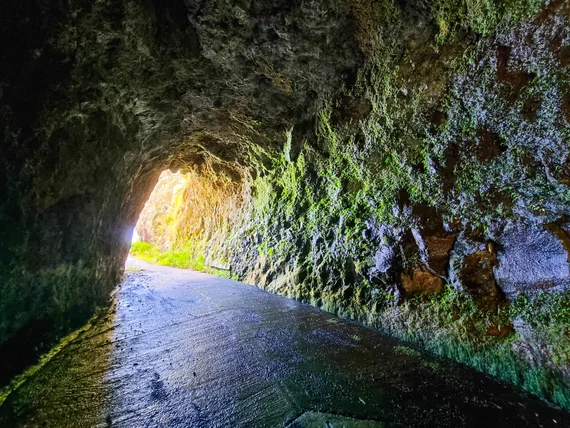 Dark levada tunnel with warm light breaking through