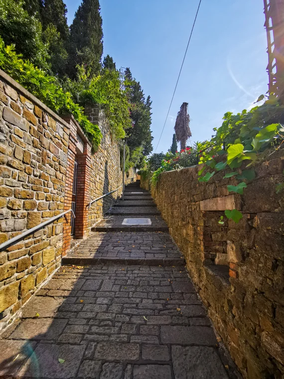 Stone lane with steps leading uphill in Piran old town
