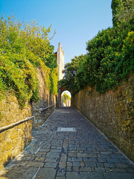 Cobbled walled path ending in a bright arch