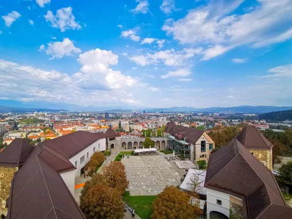 Castle courtyard with the city panorama behind