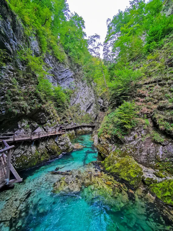 Vertical gorge view with turquoise water and boardwalk
